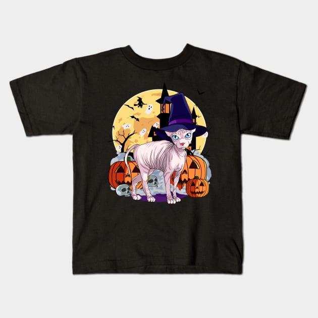 Sphynx Cat Funny Halloween Witch Pumpkin Kids T-Shirt by Noseking